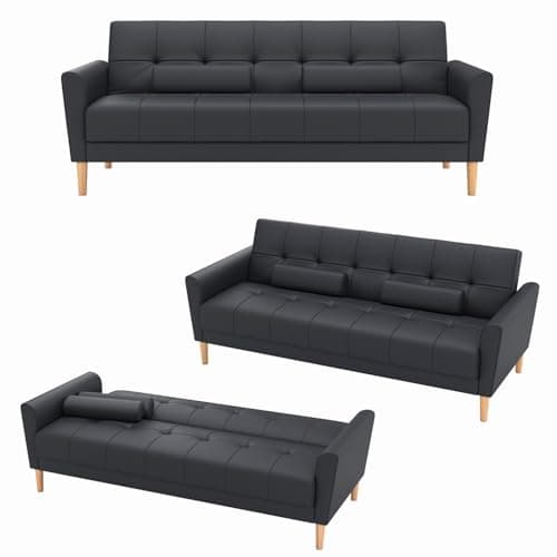Image of Hroth Modern 3 Seater Sofa with Adjustable Backrest, Faux Leather Couch with 2 Bolster Pillows, Convertible Sofa Bed for Living Room, Stylish & Easy Clean, 188cm