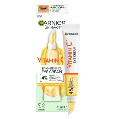 Image of Garnier Vitamin C Eye Cream for Dark Circles, 4% Vitamin C, Niacinamide, Banana Powder, Caffeine, Brightening Eye Treatment For Dark Circles, Under Eye Bags And Puffiness, 15ml