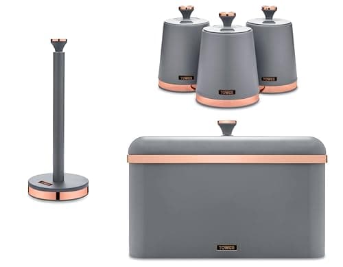 Image of Tower Cavaletto Grey Bread Bin, Tea, Coffee, Sugar Canisters and Kitchen Roll Holder. Contemporary Kitchen Storage Set of 5 Items. Matte Grey finish with Elegant Rose Gold Accents