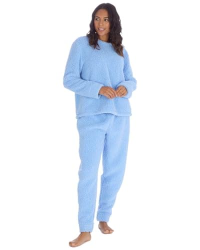 Image of Slumber Hut Grey Borg Womens Snuggle Fleece Twosie Pyjamas Cosy Round Neck Novelty Adults Two Piece PJ's Set for Women 34B2225 Blue Small