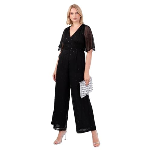 Image of Lovedrobe Women's Jumpsuit Ladies V-neck Short Flutter Sleeve Waist Tie Clipped Spot Chiffon Evening Party Occasion Cocktail, Black 26