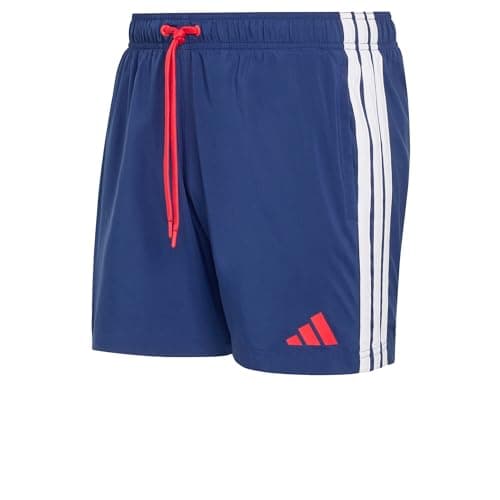 Image of adidas Men's 3 Stripes Swim Shorts 5 INCH, Dark Blue/Pure Ruby, XL