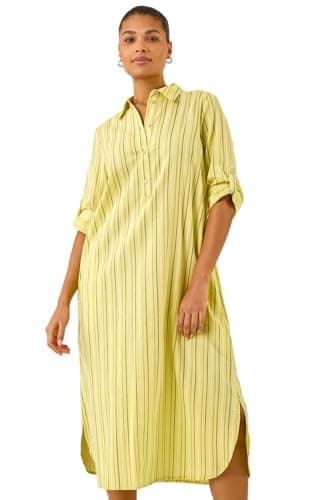 Image of Roman Originals Shirt Dress for Women UK- Ladies Long Sleeve Belted Collared Midi Maxi Winter Autumn Smart Casual Button Through Evening Office A Line Swing Skater - Stripe Yellow - Size 14