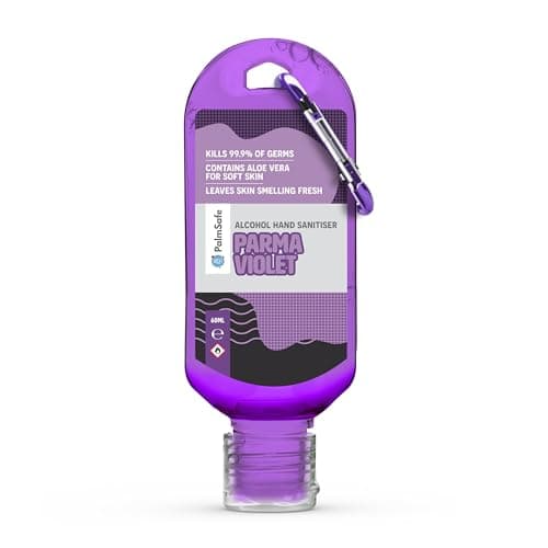 Image of Palm Safe Parma Violet 60ml Anti Bacterial Premium Hand Sanitiser Travel Size Refillable Clip Bottle Quick Drying Non Sticky Extra Moisturising Kills 99.9% of Viruses and Bacteria
