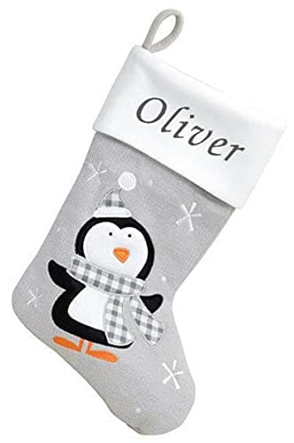 Image of Kids Essentials Personalised Boys Girls Christmas Stocking Xmas Embroidered Novelty Stocking (Grey - Checked Penguin), 40cm x 25cm.