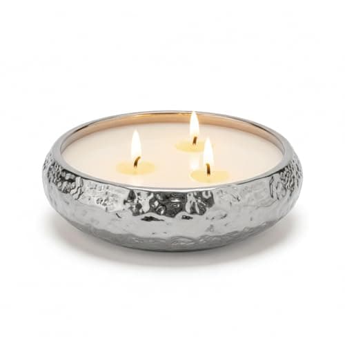 Image of Aeolian 3 Wick Vanilla Scented Candle in Hammered Champagne Bowl (14cm) - Luxurious Soy Wax Table Centrepiece, Perfect Home Decoration Gift, Elegant Interiors by Rowen Homes (Silver)