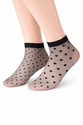 Image of MYSASI Women's Ankle Socks, 20 Denier Sheer, 5 Pair Pack, 2 Heart Pattern, 3 Spot Pattern, Nylon, Closed Toe, Shoe Size 3-8 (UK, Numeric, 3, 8, Regular, Regular, Black)