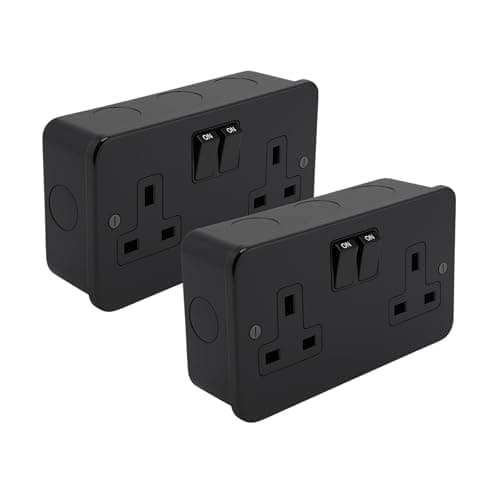 Image of SH|P® Double Switched Socket – 13A Matt Black Metal Clad 2 Gang Plug Outlet with Metal Surface Back Box – Heavy Duty, Modern Finish, BS 1363 Certified (2 Pack)
