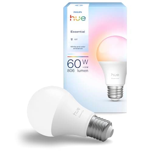 Image of Philips Hue Essential Smart A60 LED Bulb, White and Colour Ambience, E27 Base, 8W, 2200K-6500K, 806 Lumens, Dimmable B22 Bulb, Smart Lighting Works with Alexa, Google Assistant, and Apple Home, 1 Pack