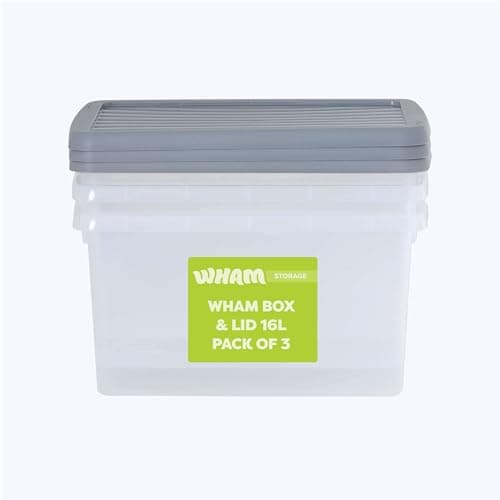 Image of Wham Box 3 x 16L Stackable Plastic Storage Boxes with Lids | Ideal for Home, Office, Toys & More | Secure, Ribbed Clip-On Lid for Added Strength | Made in UK - Clear/Steel