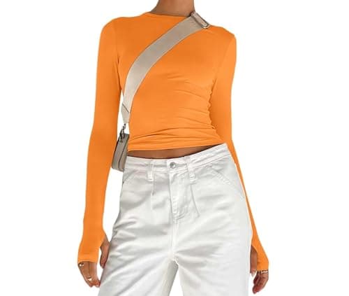 Image of Women's Basic Long Sleeve Slim Fit Crop T Shirt Top Y2K Tops TikTok Crop Top Club Party E-Girls Streetwear(Orange-b,S)