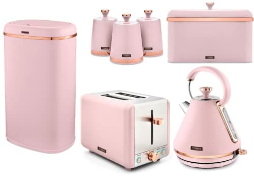 Image of Tower Cavaletto Pink & Rose Gold Pyramid Kettle, 2 Slice Toaster, Bread Bin, Set of 3 Canisters & 58L Sensor Bin. Contemporary Matching Kitchen Electrical & Accessories Set of 7