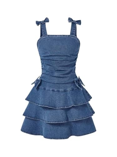 Image of GORGLITTER Girl's Summer Denim Mini Dresses Bow Shoulder Tiered Ruffle Jeans Cami Dress Aged 8-12 Years Party Beach Outfits Dark Wash 10Y