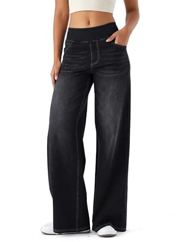 Image of LaiEr Large Denim Wide Leg Pants for Women, High Waisted and Slimming with Multiple Pockets, Straight Tube, Loose fit, Cat Whisker, Marbling wash Craft, High Elasticity Casual Jeans(Dark GreyM)