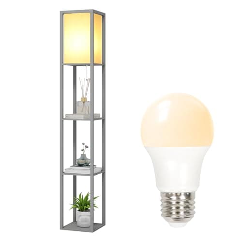 Image of PULUOMIS Floor Lamp with Shelves, 3 Tier Storage Standing Lamp with 8W LED Bulb, Modern Shelf Floor Lamp for Living Room and Bedroom, Grey
