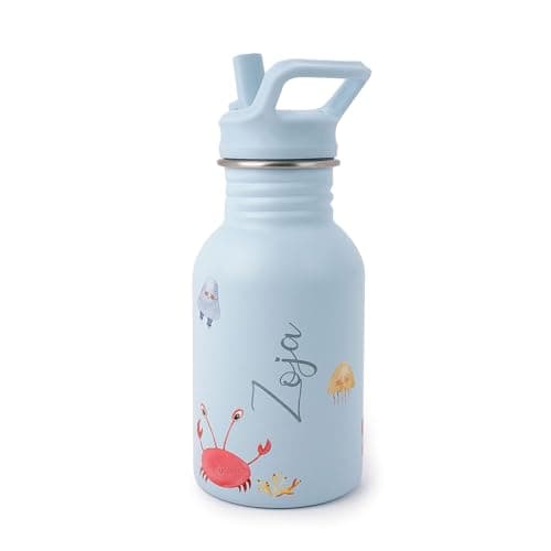 Image of J.Børn Personalised Bottle With Straw For Kids 350ML | Hand-Painted Designs | Single-Skinned, Food-Grade Stainless Steel Bottle | Light Weight Water Bottle | Leak-Proof Bottle (Ocean)