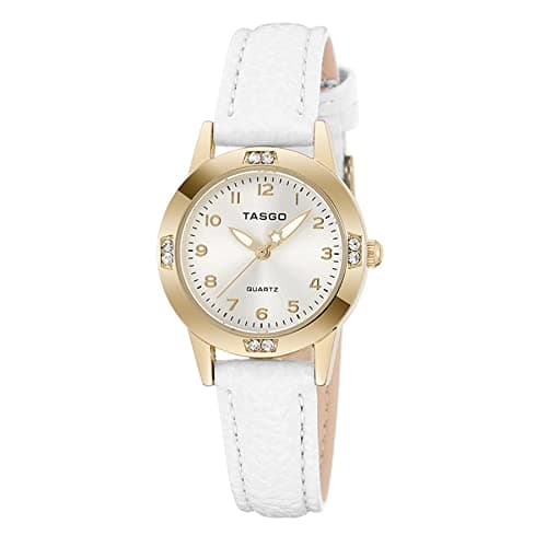 Image of TASGO Women's Leather Quartz Watch Easy Read Watch with Diamond Luminous Waterproof Fashion Wristwatch for Women Ladies Girls (Gold White)