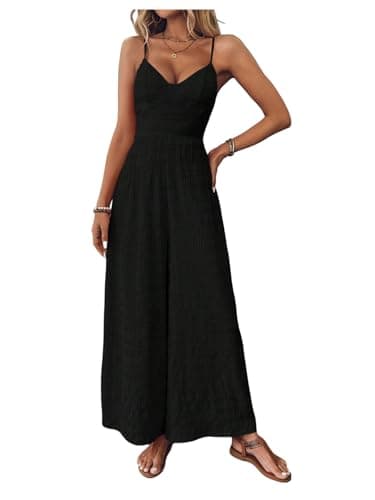 Image of GORGLITTER Women's Summer Jumpsuits V Neck Sleeveless Bow Backless Cami Jumpsuit Wide Leg Trousers Beach Vacation Romper Black S