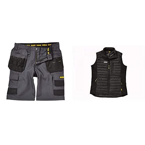 Image of DEWALT Cheverley Lightweight Grey Polycotton Shorts Waist 32in & Men's Force Slim Fit Gilet, Black, M