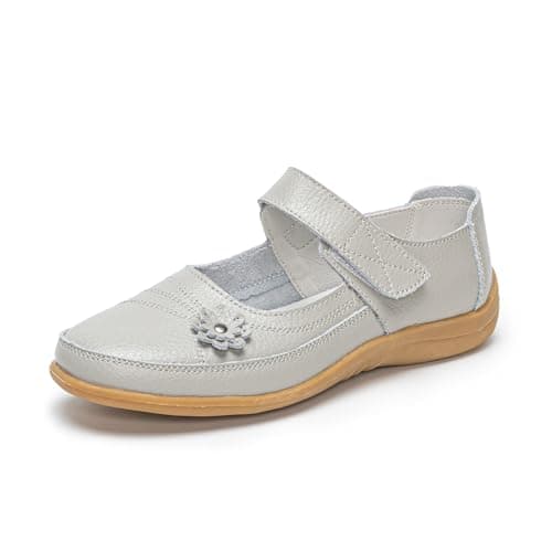 Image of Rusffes Womens Leather Mary Jane Shoes Ladies Wide Fit Flat Shoes Casual Work Office Nurse Shoes Grey 5.5uk