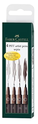 Image of Faber-Castell Art & Graphic Pitt Artist Pen India Ink Pen, Dark Sepia, Wallet of 4, for Art, Craft, Drawing, Sketching, Home, School, University, Colouring