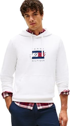 Image of Tommy Hilfiger Men’s Linear Flag Graphic Cotton Hoodie, White (White), M