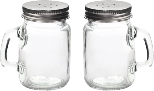 Image of Glass Mason Jars 2 Pack Salt and Pepper Shaker Set with Handles & Silver Lids 4oz Capacity, Easy Refill, Farmhouse Style, Salt & Pepper Shakers, Salt & Pepper Pots, Salt & Pepper Set (2 Pack)