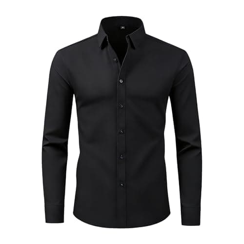 Image of Okdance Mens White Long Sleeve Shirts 4-Way Stretch Wrinkle Free Long Sleeve Button Down Shirts with Pocket Casual Business Office Shirt (UK, Alpha, S, Regular, Regular, Black)