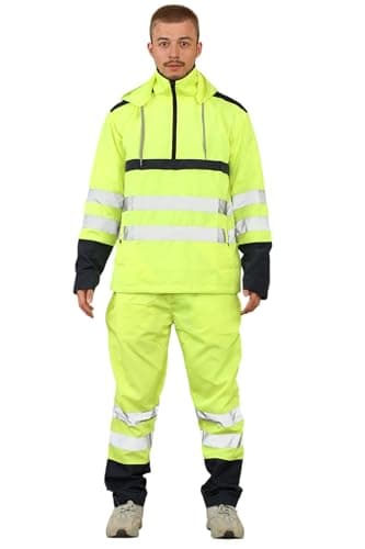 Image of Kross Style® Hi Vis Rain Tracksuit - Mens High Visibility Waterproof Reflective Tape Band Safety Lightweight Rainsuit Hooded Top Trouser (Yellow, Large)