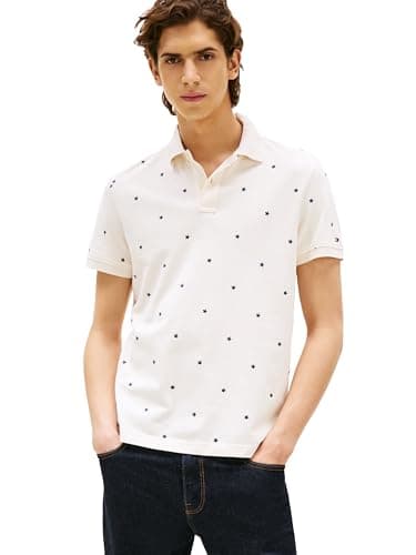 Image of Tommy Hilfiger Men's Short Sleeve Polo Shirts in Regular Fit with Stretch and Organic Pique Cotton, Ivory Petal/Star Embroidered, Large