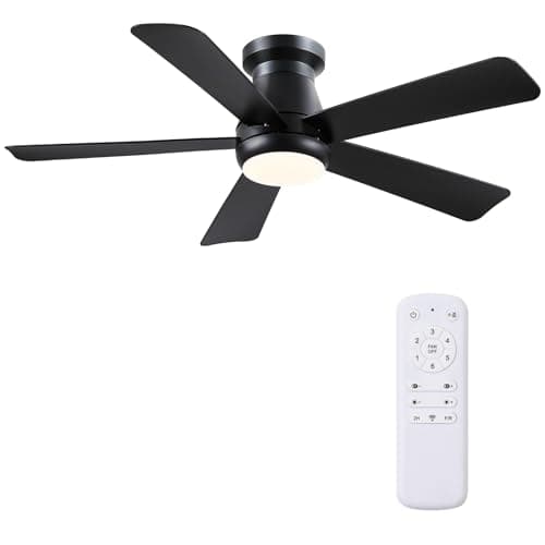 Image of Kviflon Black Ceiling Fan with Light and Remote Control, 46 Inch Flush Mount Low Profile Fandelier, Dimmable 3-LED, Quiet Reversible DC Motor, Modern 5-Blade Design for Bedroom, Living Room & Kitchen