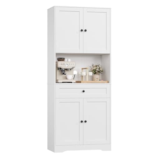 Image of FOREHILL Kitchen Cupboard 180cm Tall Kitchen Cabinet Sideboard Storage Cabinet with Large Countertop, Adjustable Shelves, 1 Drawers 75x40x180cm White
