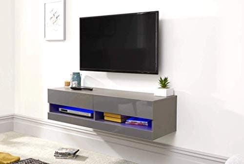 Image of GFW Galicia Wall Mounted High Gloss Featuring A LED Downlight, This Floating TV Unit Console & Television Stand for Living Entertainment Room with Storage Shelves, Grey, 120cm