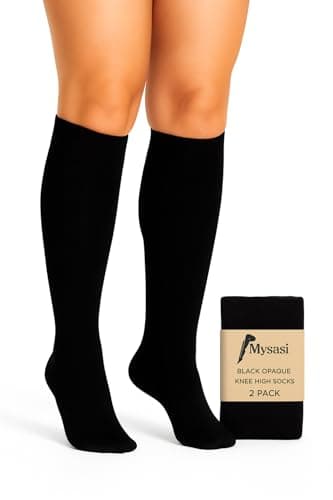 Image of MYSASI 2 Pair Women’s Black Opaque Knee High Socks – Size 4-7 - Soft, Breathable & Stretchy Hosiery – Black Knee High Pop Socks for Work, Office, Dress, Boots