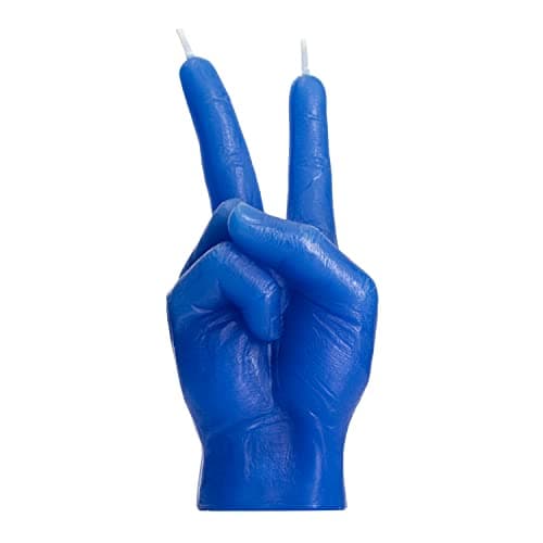 Image of Peace Sign Candle 'Victory' Hand Gesture - Decorative Desk Statue Finger Sculpture for Home Decor Shelf Entryway Mantel Bedroom Vanity Impressive Realistic Detail, Hippie Woodstock Gift 6"H (Blue)