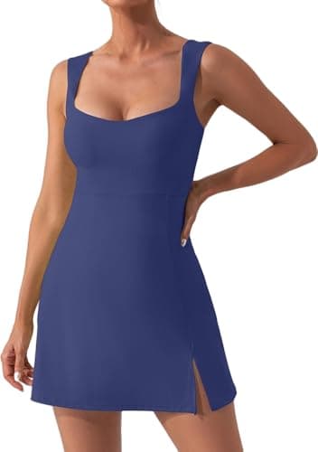 Image of Zesoyne Womens Tennis Dress Built in Bra Square Neck Sleeveless Workout Athletic Mini Short Dress Golf Summer Outfits M Navy Blue