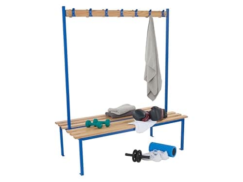 Image of The Workplace Depot Changing Room Bench, Heavy Duty Powder Coated Steel Frame with Wooden Slats, 1500mm Wide Cloakroom Benches with Clothing Hooks for Schools, Gyms (Blue, Double Sided)