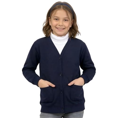 Image of GW CLASSY OUTFIT Girls Boys Kids Jumper Button Fleece Cardigans Long Sleeve Sweatshirts Pull Over Jumpers Round/V- Neck School Uniform (7-8 Years, Button Navy)