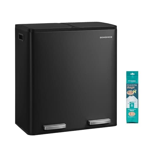 Image of SONGMICS 2 x 8 Gallon (2 x 30 L) Kitchen Bin, 2-Compartment Recycling Bin with 15 Rubbish Bags, Removable Inner Buckets, Lid, Handles, Soft Close, Steel, Black LTB160BZ02