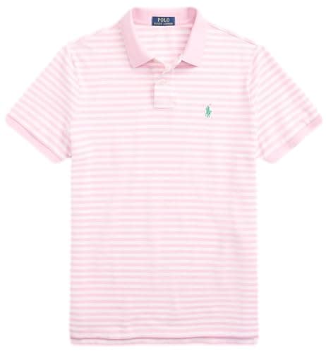 Image of POLO RALPH LAUREN Men's New Classic Fit Polo Shirt, Stripped Carmel Pink / White, Medium