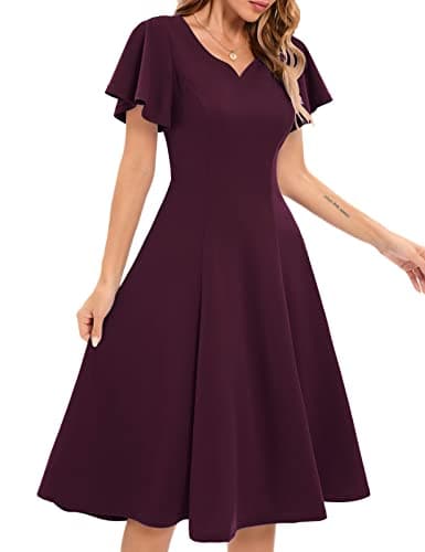 Image of HomRain Women's Cocktail Party Evening Dress for Wedding Guest Semi Formal Fit and Flare Elegant Dress for Graduation Casual Modest Prom Midi Dresses with Sleeves, Burgundy XL