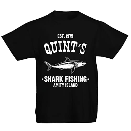 Image of Youth Kids Childrens Quints Fishing Shark Jaws Inspired Amity Cult Movie T-Shirt Black 12-13 Years (XL)