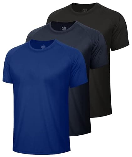 Image of BOOJO 3 Pack Gym T Shirts Men UK Quick Dry Fit Running Top Short Sleeve Breathable Sports Tshirts with Crew Neck for Training Active Wear(Black+Navy+Blue,M)