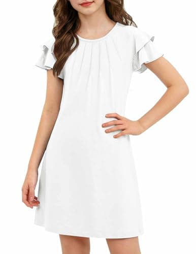 Image of Arshiner Girls Dress Summer Dreses Pleated Ruffle Sleeve Kids Plain Light Weight Festival Party Birthday Dresses a line Tshirt School Dresses for Kids 160 13-14 Years White