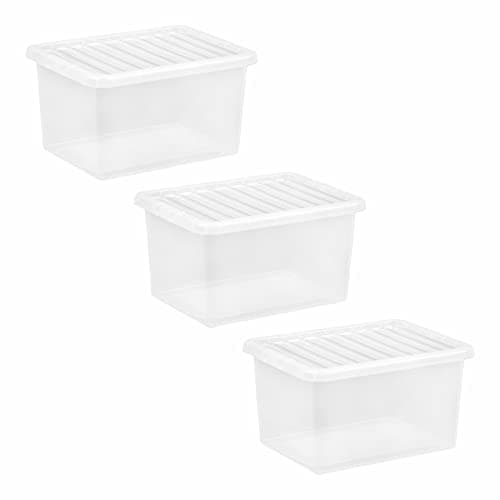 Image of M1SS (Set of 3-25L Litre Clear Plastic Storage Box With Crystal Lids Home Office Stackable Nestable Container Made in U.K (25L)