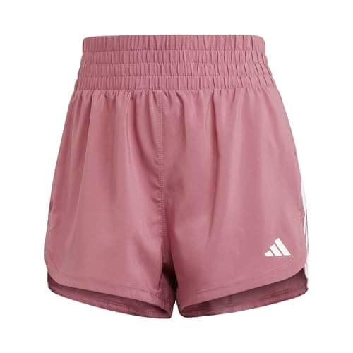 Image of adidas Women's Pacer Training 3-Stripes Woven High-Rise Shorts, Preloved Crimson/White, XL/8 cm Inseam, Preloved Crimson/White, XL/8 cm Entrepierna