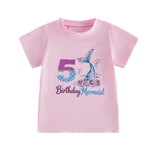 Image of MAHUAOYIXI Baby Girls Birthday Tops Short Sleeve Crewneck Letter Fishtail Girl Print T Shirt Pullover for Kids Girls Toddler Birthday Summer Clothes (Five, 5 Years)