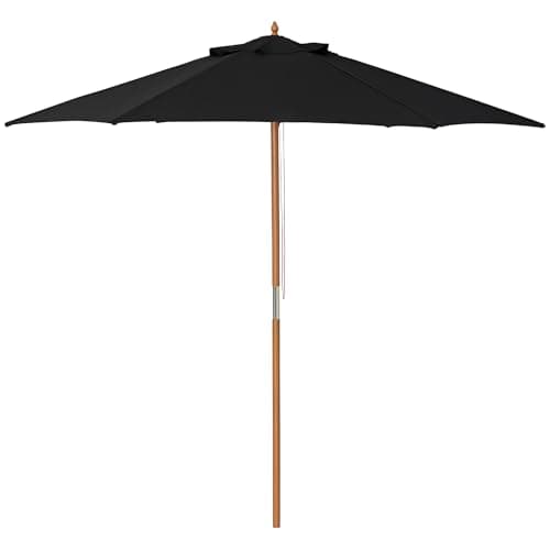 Image of Outsunny 2.5m Wood Garden Parasol Sun Shade Patio Outdoor Wooden Umbrella Canopy, Table Market Umbrella with Vent, 38mm Pole, Rope Pulley Mechanism, Black