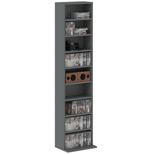 Image of HOMCOM 260 CD/120 DVD Storage Unit, Blu-ray Media Storage Shelf with 9 Compartments and 6 Adjustable Shelves, CD Tower for Living Room, Bedroom, Office, Grey
