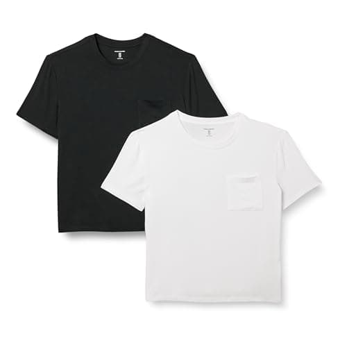 Image of Amazon Essentials Women's Jersey Relaxed-Fit Short-Sleeve Crewneck Pocket T-Shirt, Pack of 2, Black/White, L